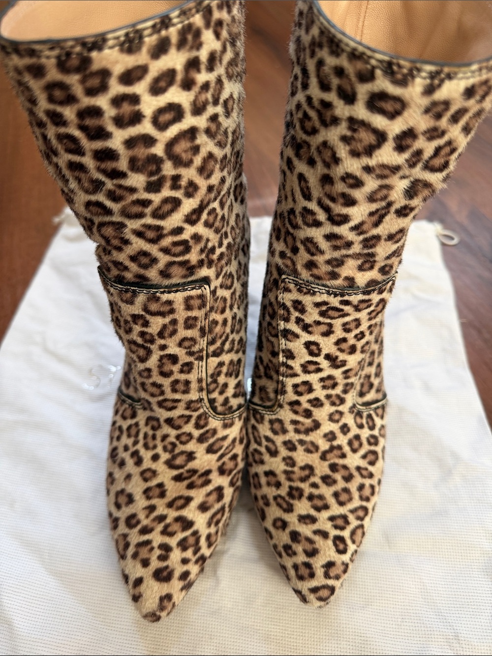 Stuart Weitzman Leopard Print Pointed-Toe Mid-Calf Boots - Brown/Tan size 6.5